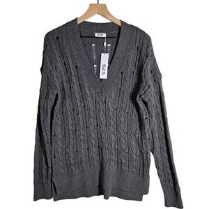 NEW 525 America Boyfriend Distressed Ladder Knit V-Neck Sweater‎ M? Grey NWT